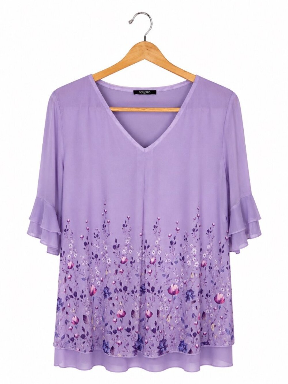 Valolia Womens Floral Ruffle Sleeve Purple Chiffon Blouse XL
